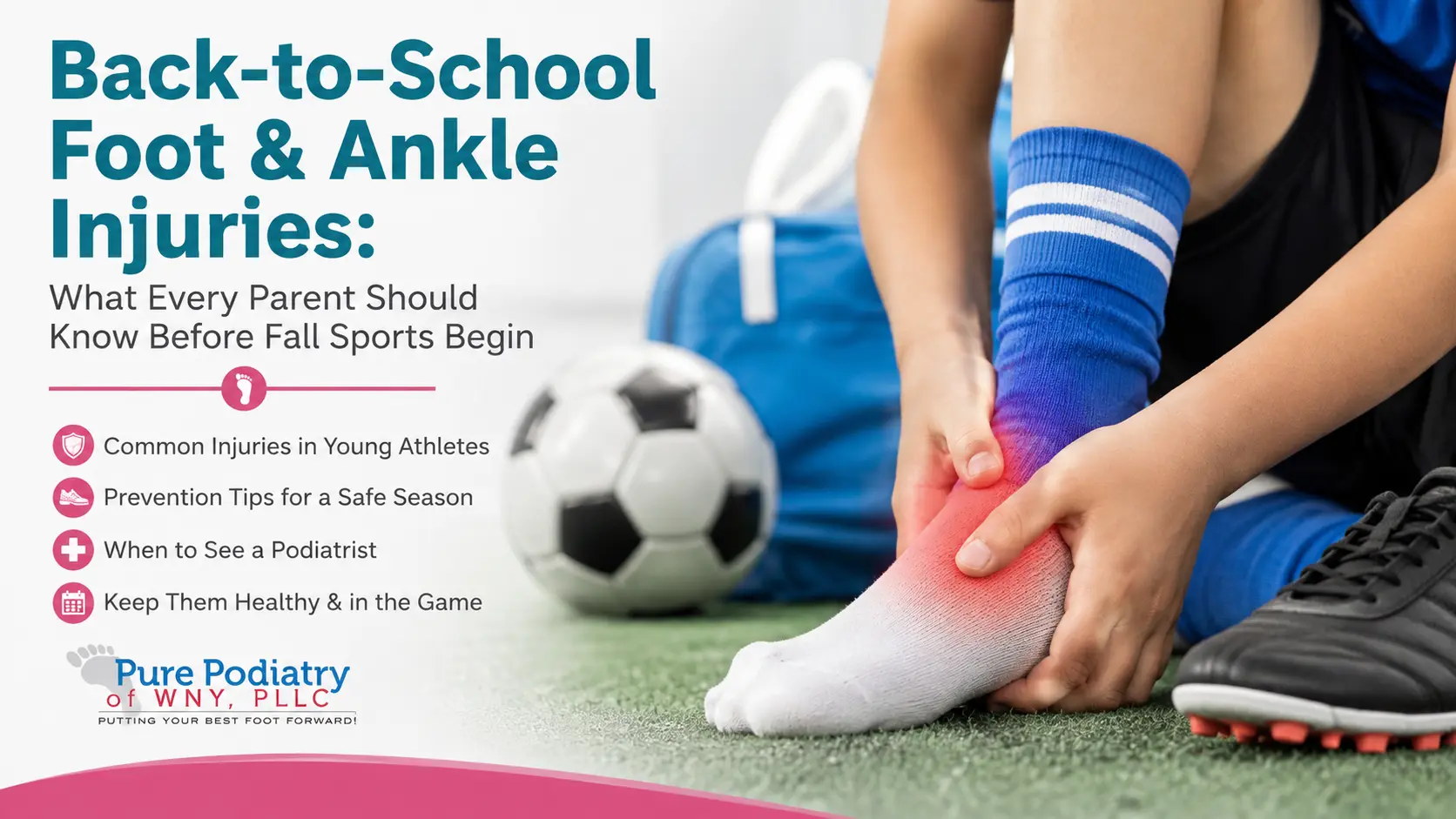 Young athlete holding a painful ankle before fall sports as Pure Podiatry of WNY explains common foot and ankle injuries in children.